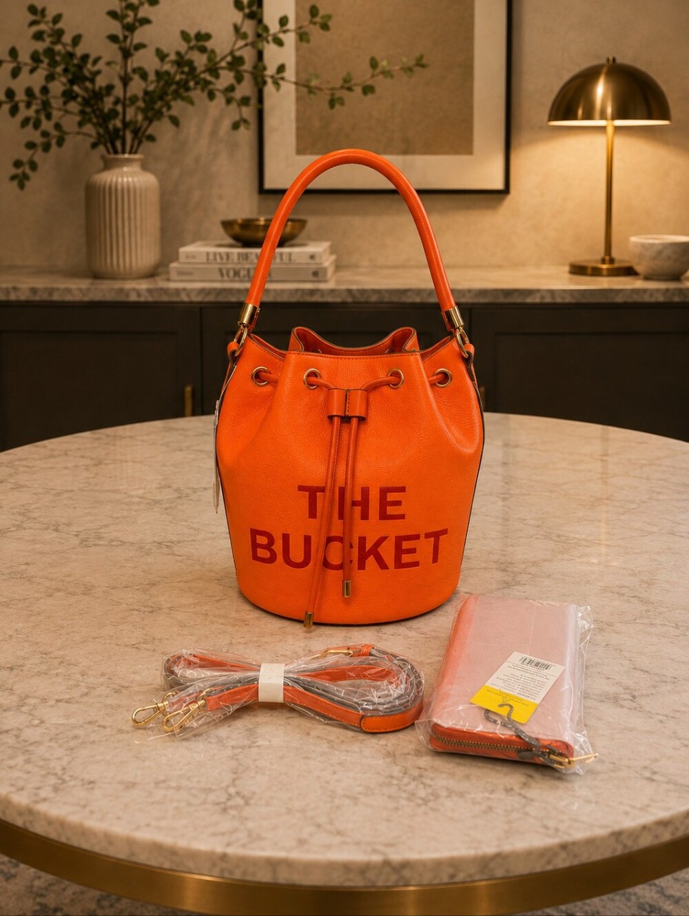 Brand New - Orange 'The Bucket' Drawstring Bag with Matching Wallet